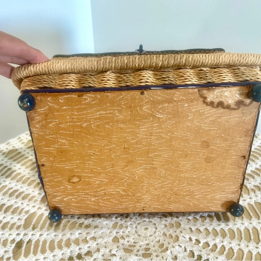 Vintage Wicker & Blue Sewing Basket with Light Blue Satin Lining Cottagecore
